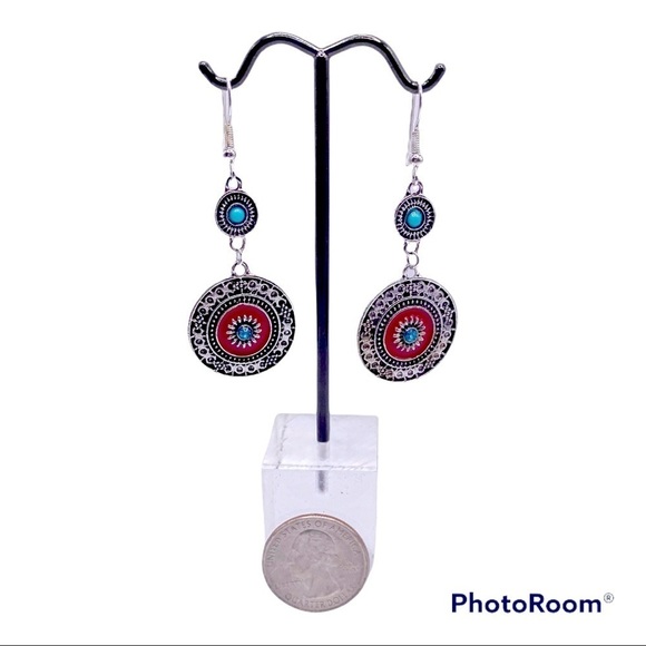 Jewelry - Bohemian Red Dangle Earrings with Blue Rhinestones